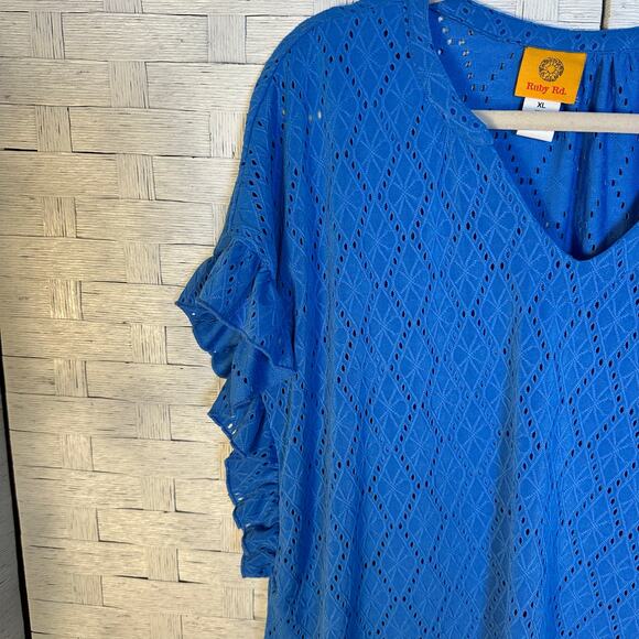 Ruby Rd women’s blouse, embroidered eyelet ruffle sleeve V-neck bohemian hippie - Picture 2 of 9